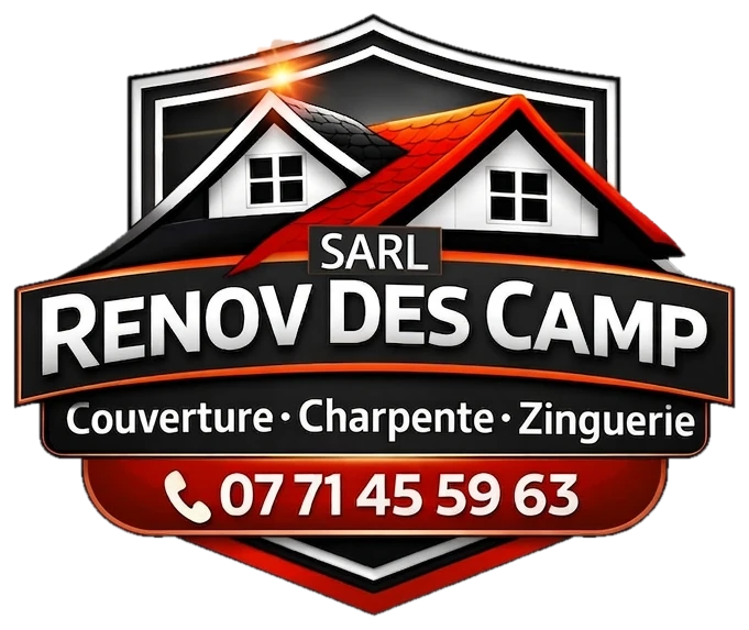 Logo Renov'des Camps, écusson rouge et noir : couverture, charpente, zinguerie